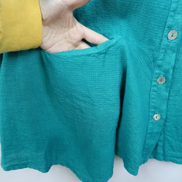 Nilgun Derman Niche Asymmetric Linen Blend Blouse Size XL Teal Green Lagenlook‎ - Picture 4 of 8